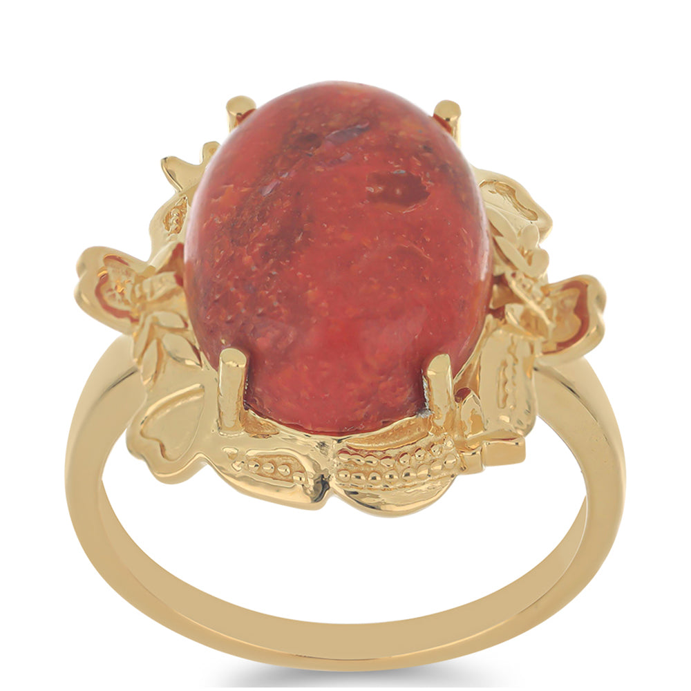 Anillo de Plata Bañada en Oro con Coral de Esponja Roja 3 