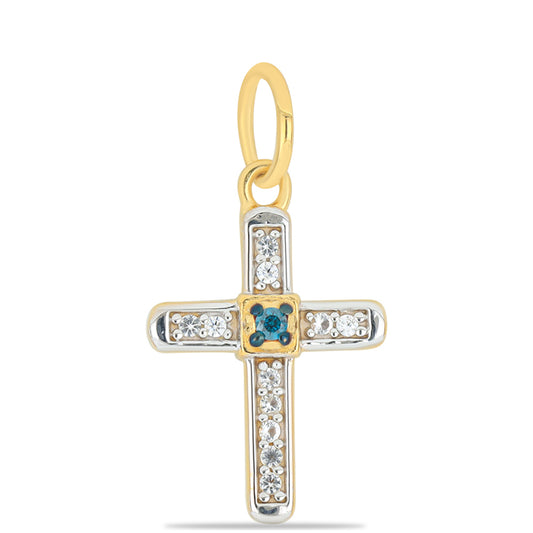 Cruz Colgante de Plata Bañada en Oro con Diamante Azul y Topacio Blanco