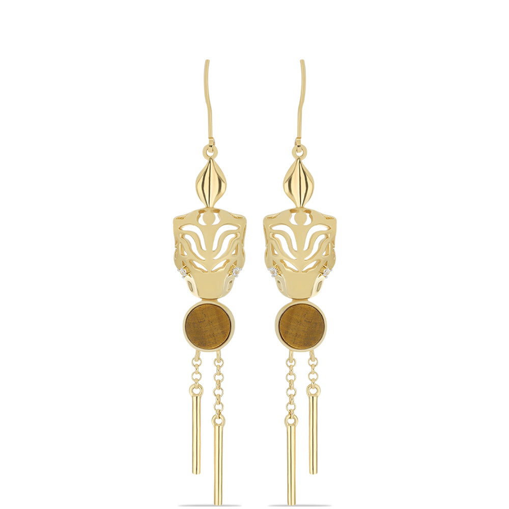 Pendientes de Plata Bañada en Oro con Ojo de Tigre y Topacio Blanco