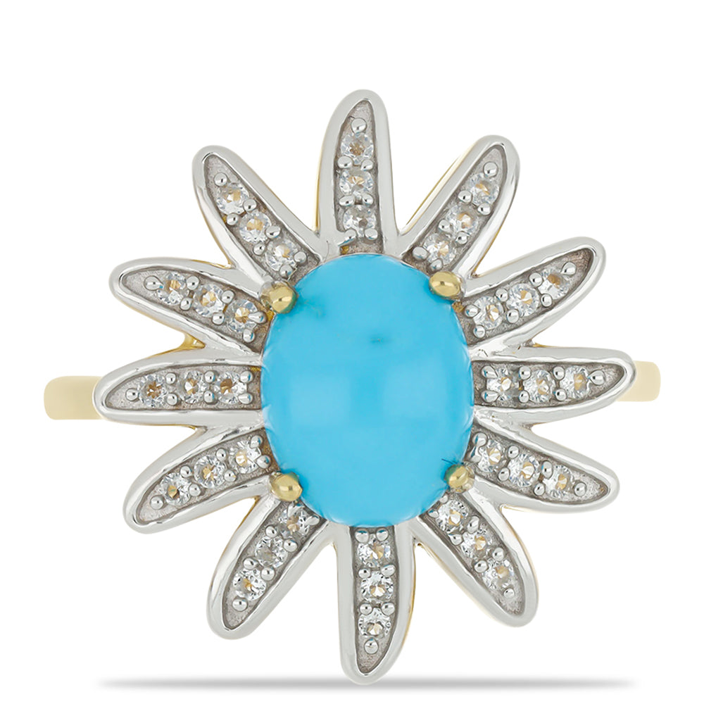 Anillo de Plata Bañada en Oro con Turquesa Bella Durmiente y Topacio Blanco 1 