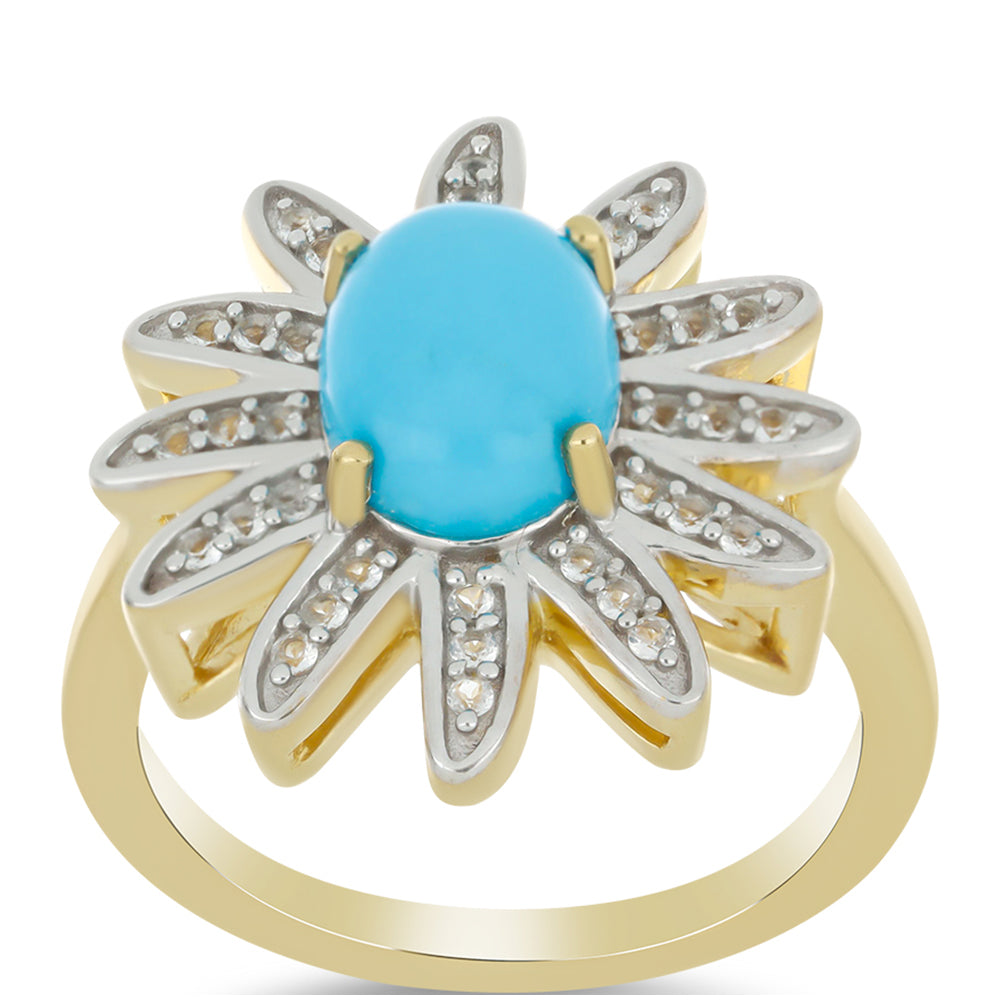 Anillo de Plata Bañada en Oro con Turquesa Bella Durmiente y Topacio Blanco 3 