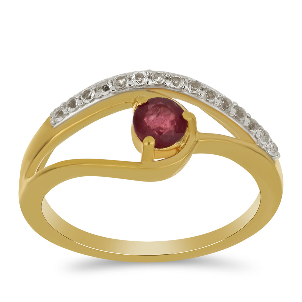 Anillo de Plata Bañada en Oro con Rubí de Madagascar y Topacio Blanco 3 