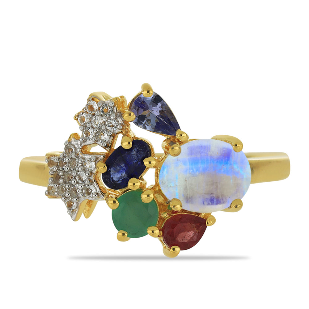 Anillo de Plata Bañada en Oro con Piedra Lunar Arco Iris y Tanzanita 1 