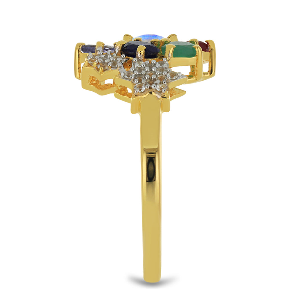 Anillo de Plata Bañada en Oro con Piedra Lunar Arco Iris y Tanzanita