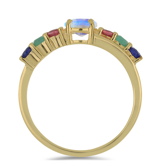 Anillo de Plata Bañada en Oro con Piedra Lunar Arco Iris y Rubí de Madagascar