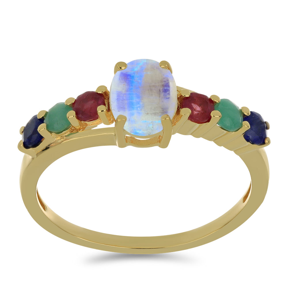 Anillo de Plata Bañada en Oro con Piedra Lunar Arco Iris y Rubí de Madagascar 3 