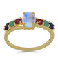 Anillo de Plata Bañada en Oro con Piedra Lunar Arco Iris y Rubí de Madagascar