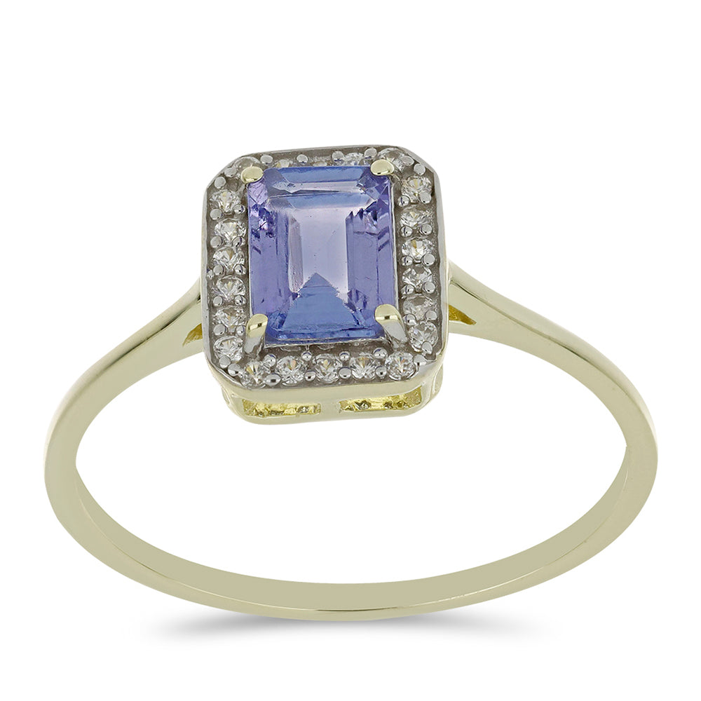 Anillo de Oro 9K con Tanzanita AAA y Zircón blanco natural