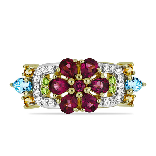 Anillo de Plata Bañada en Oro con Granate Rodolita de Minas Gerais y Citrino de los Montes Urales