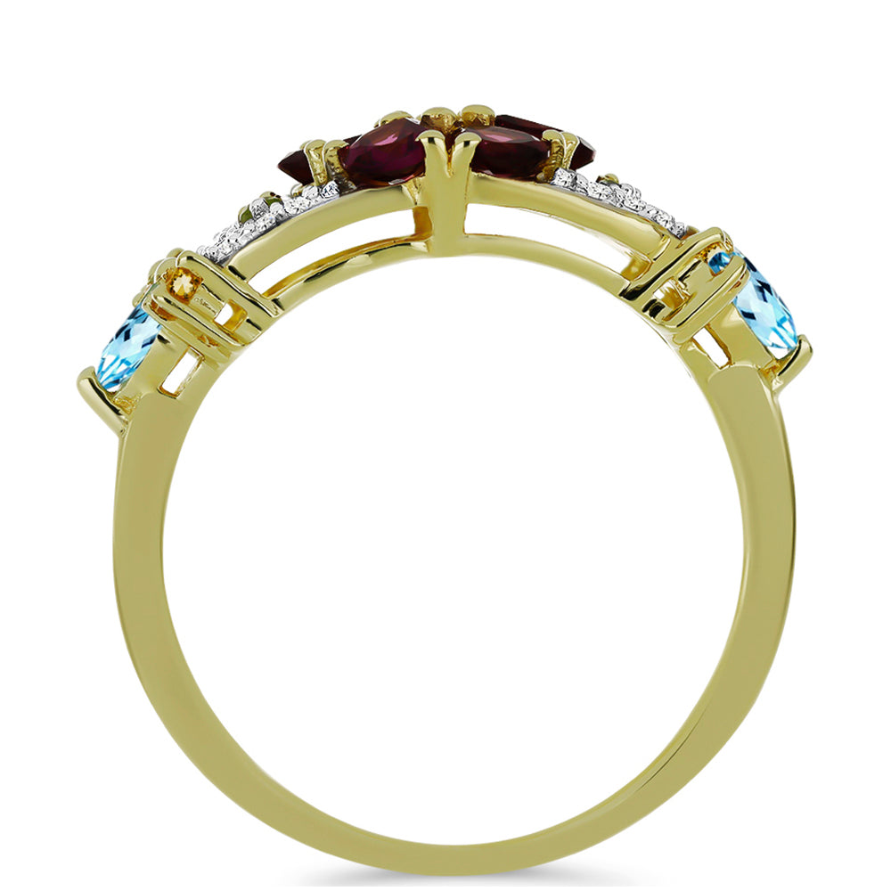 Anillo de Plata Bañada en Oro con Granate Rodolita de Minas Gerais y Citrino de los Montes Urales