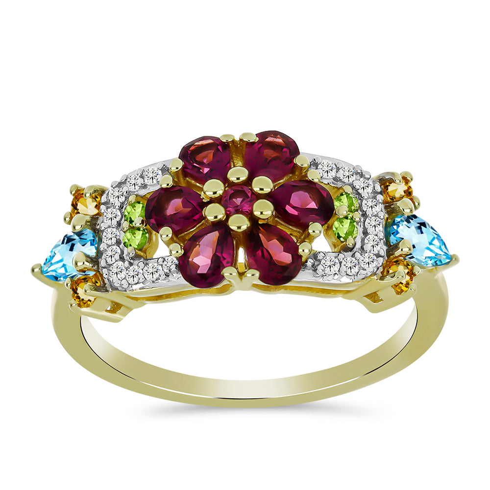 Anillo de Plata Bañada en Oro con Granate Rodolita de Minas Gerais y Citrino de los Montes Urales