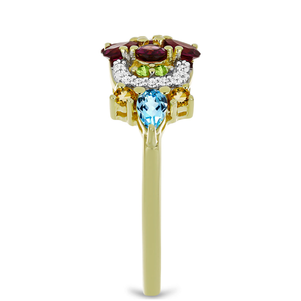 Anillo de Plata Bañada en Oro con Granate Rodolita de Minas Gerais y Citrino de los Montes Urales