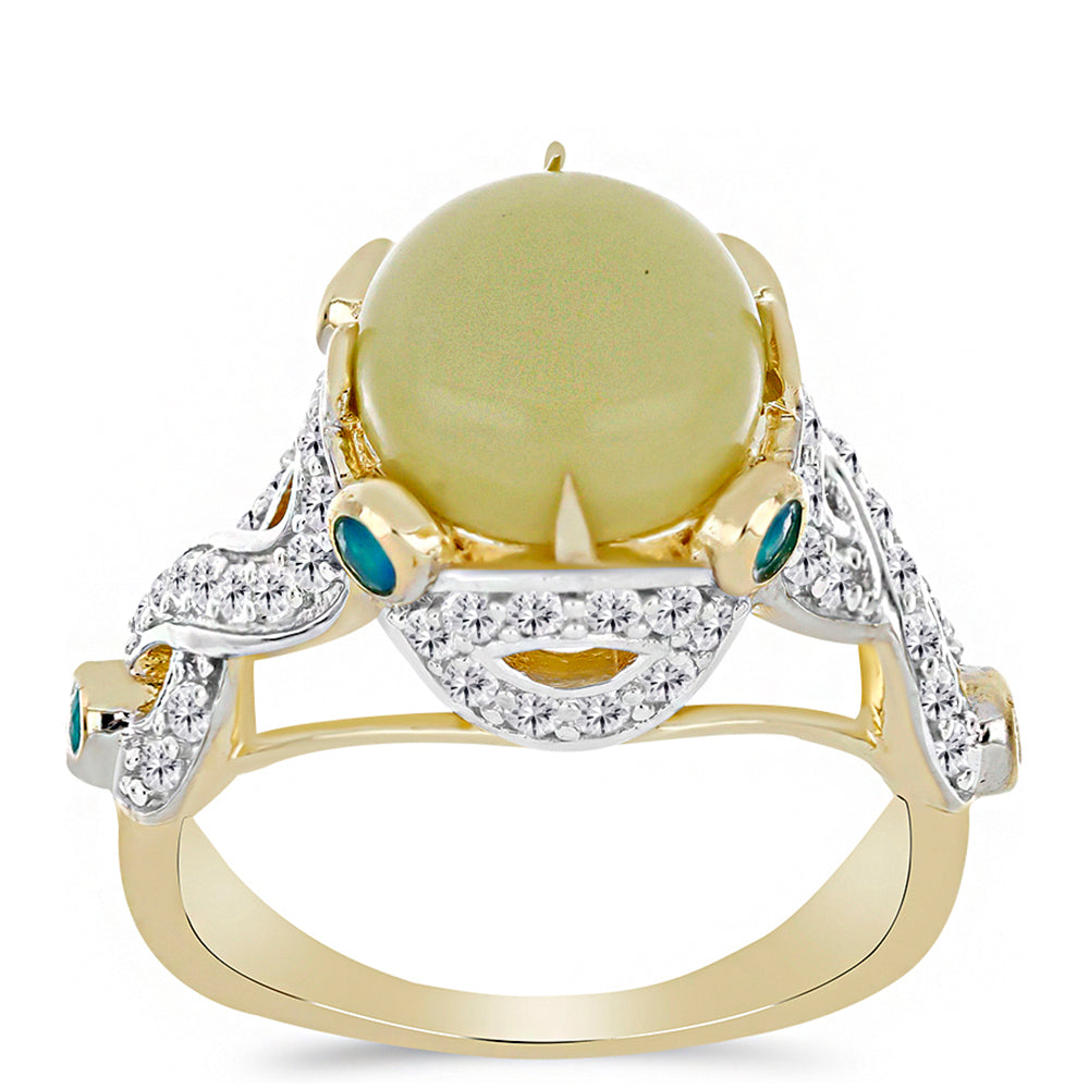 Anillo de Plata Bañada en Oro con Serpentina Amarilla y Ópalo Azul Paraiba de Etiopía 3 