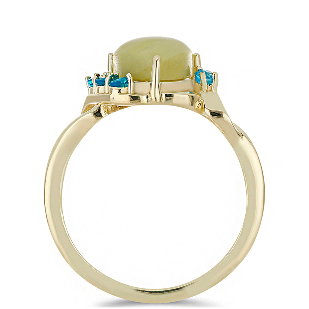 Anillo de Plata Bañada en Oro con Serpentina Amarilla y Ópalo Azul Paraiba de Etiopía 2 
