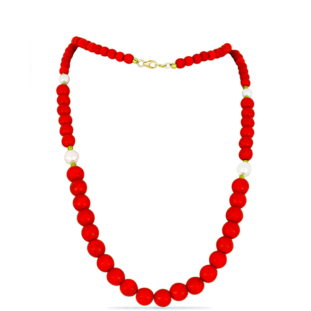 Collar de Plata Bañada en Oro con Coral Rojo y Perla de Agua Dulce 1 