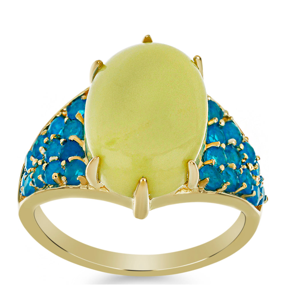 Anillo de Plata Bañada en Oro con Serpentina Amarilla y Ópalo Azul Paraiba de Etiopía 3 