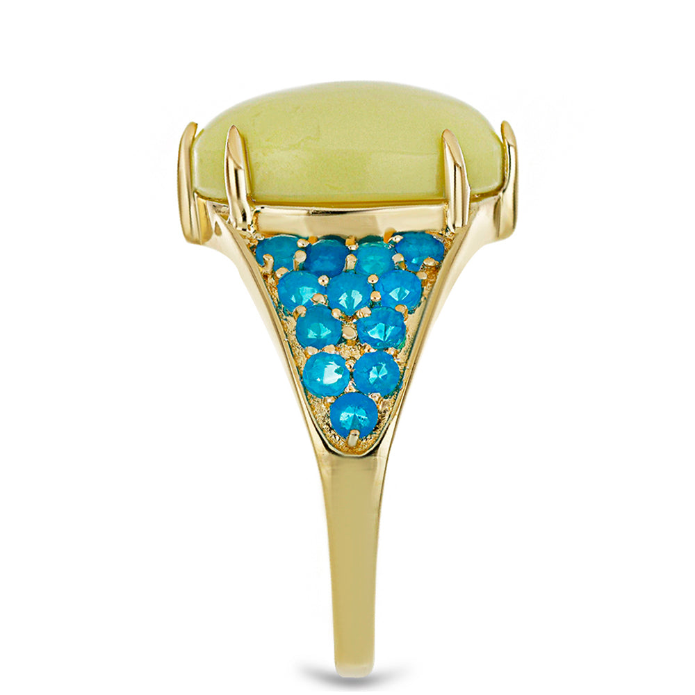 Anillo de Plata Bañada en Oro con Serpentina Amarilla y Ópalo Azul Paraiba de Etiopía 4 