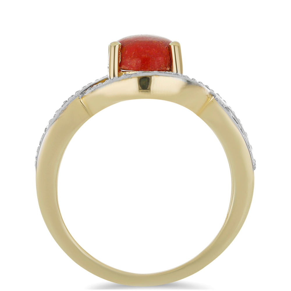 Anillo de Plata Bañada en Oro con Coral Rojo y Topacio Blanco 2 