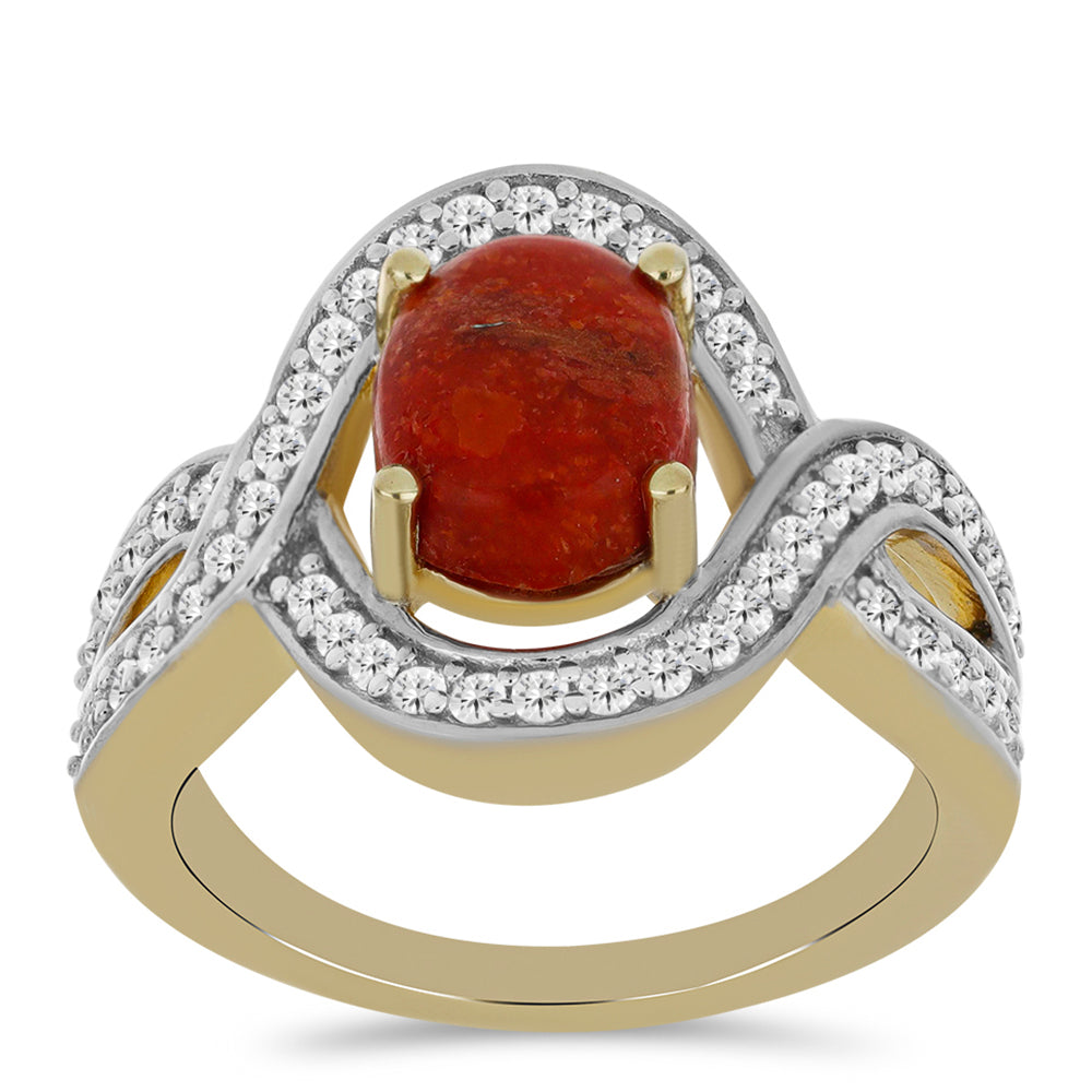 Anillo de Plata Bañada en Oro con Coral Rojo y Topacio Blanco 3 