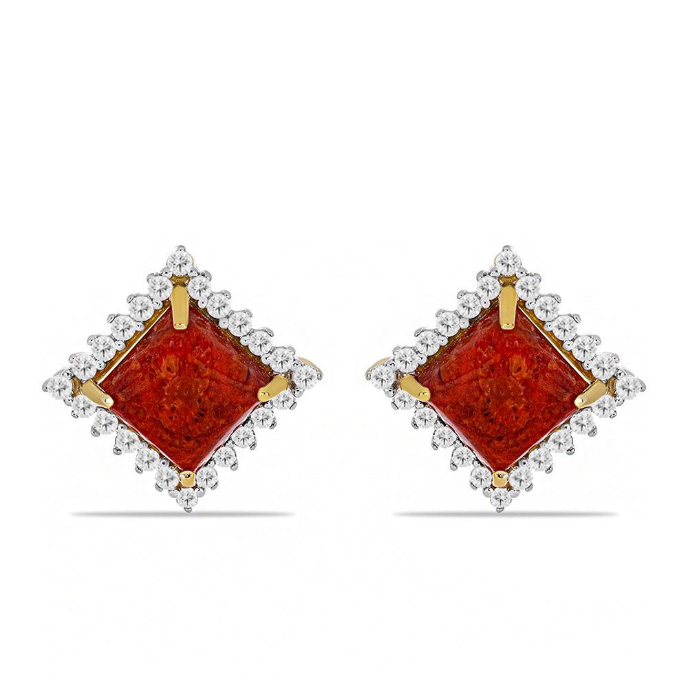 Pendientes de Plata Bañada en Oro con Coral Rojo y Topacio Blanco 1 