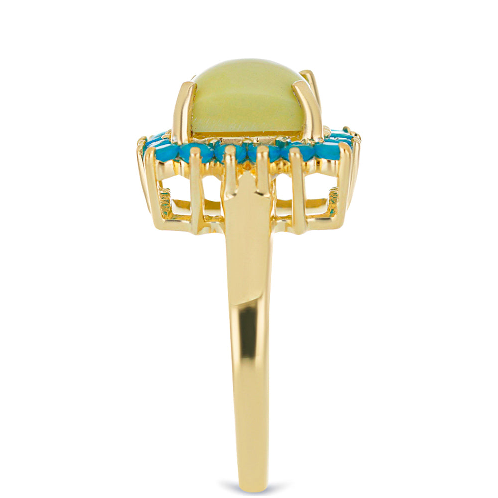 Anillo de Plata Bañada en Oro con Serpentina Amarilla y Ópalo Azul Paraiba de Etiopía 4 