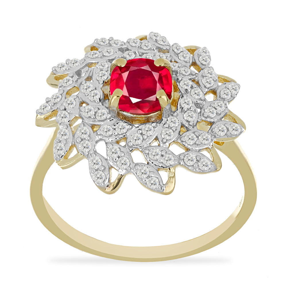 Anillo de Plata Bañada en Oro con Rubí de Madagascar y Topacio Blanco 3 