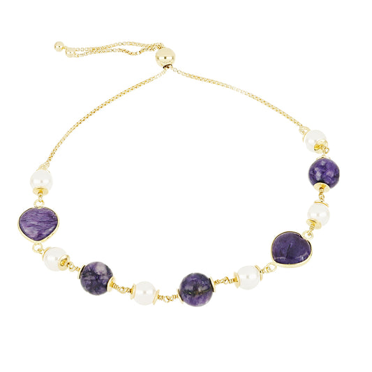 Pulsera de Plata Bañada en Oro con Charoita y Perla de Agua Dulce