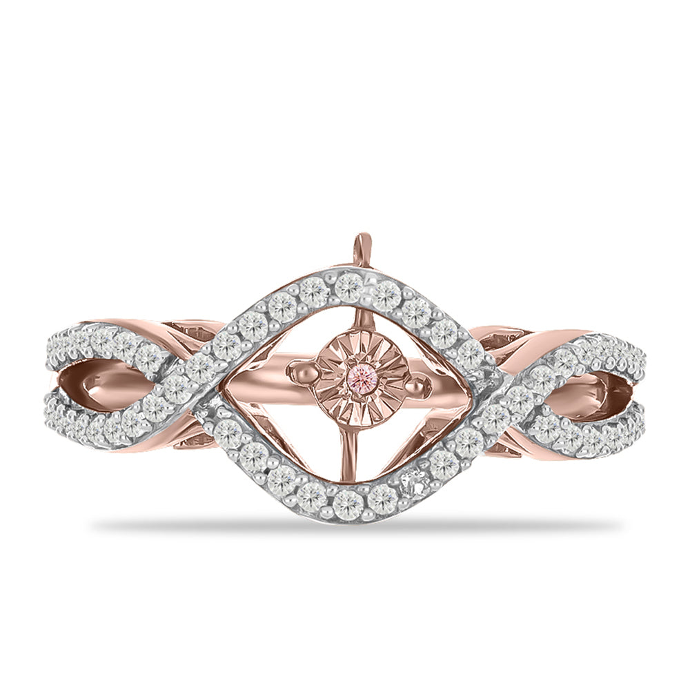 Anillo de Plata Bañada en Oro Rosa con Diamante Rosa Danzantes y Topacio Blanco 1 