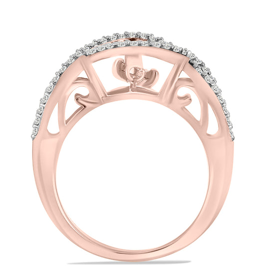 Anillo de Plata Bañada en Oro Rosa con Diamante Rosa Danzantes y Topacio Blanco
