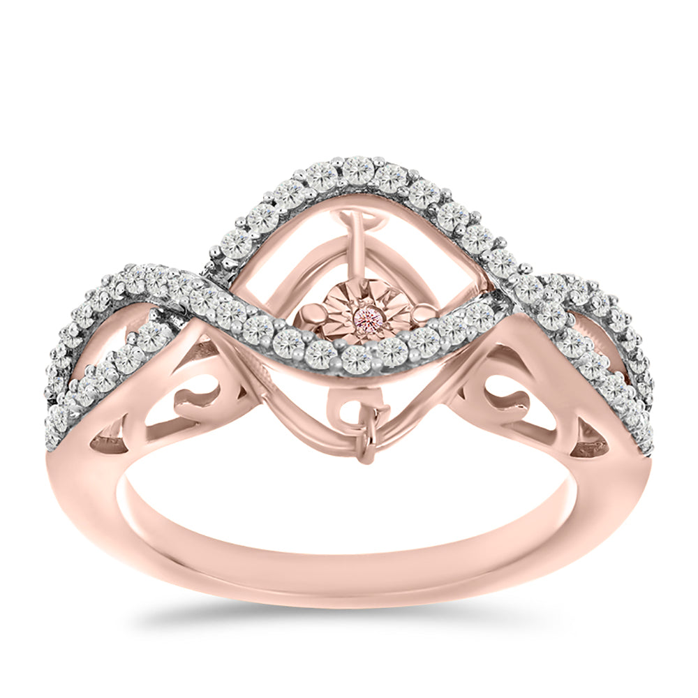 Anillo de Plata Bañada en Oro Rosa con Diamante Rosa Danzantes y Topacio Blanco