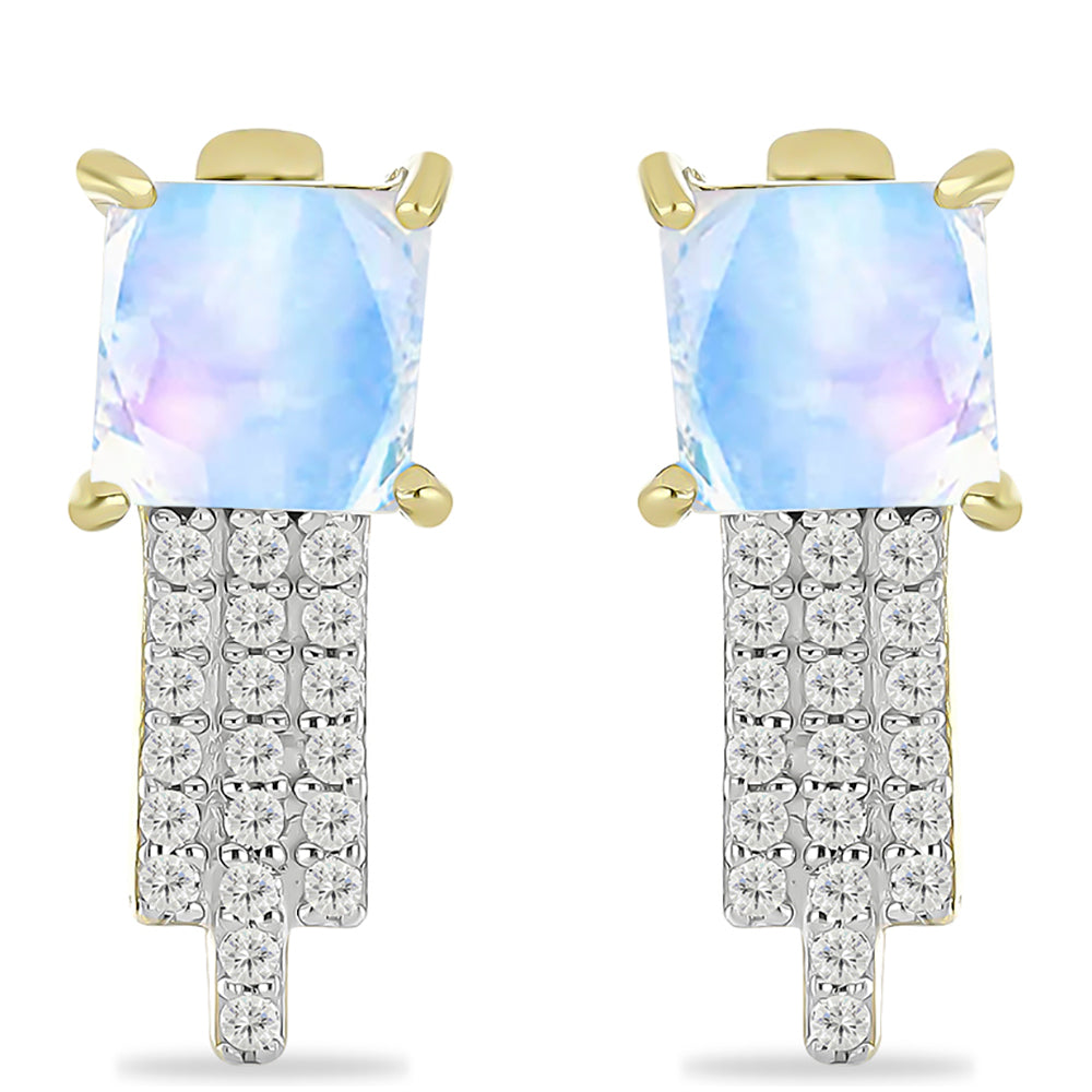 Pendientes de Plata Bañada en Oro con Piedra Lunar Arco Iris y Topacio Blanco