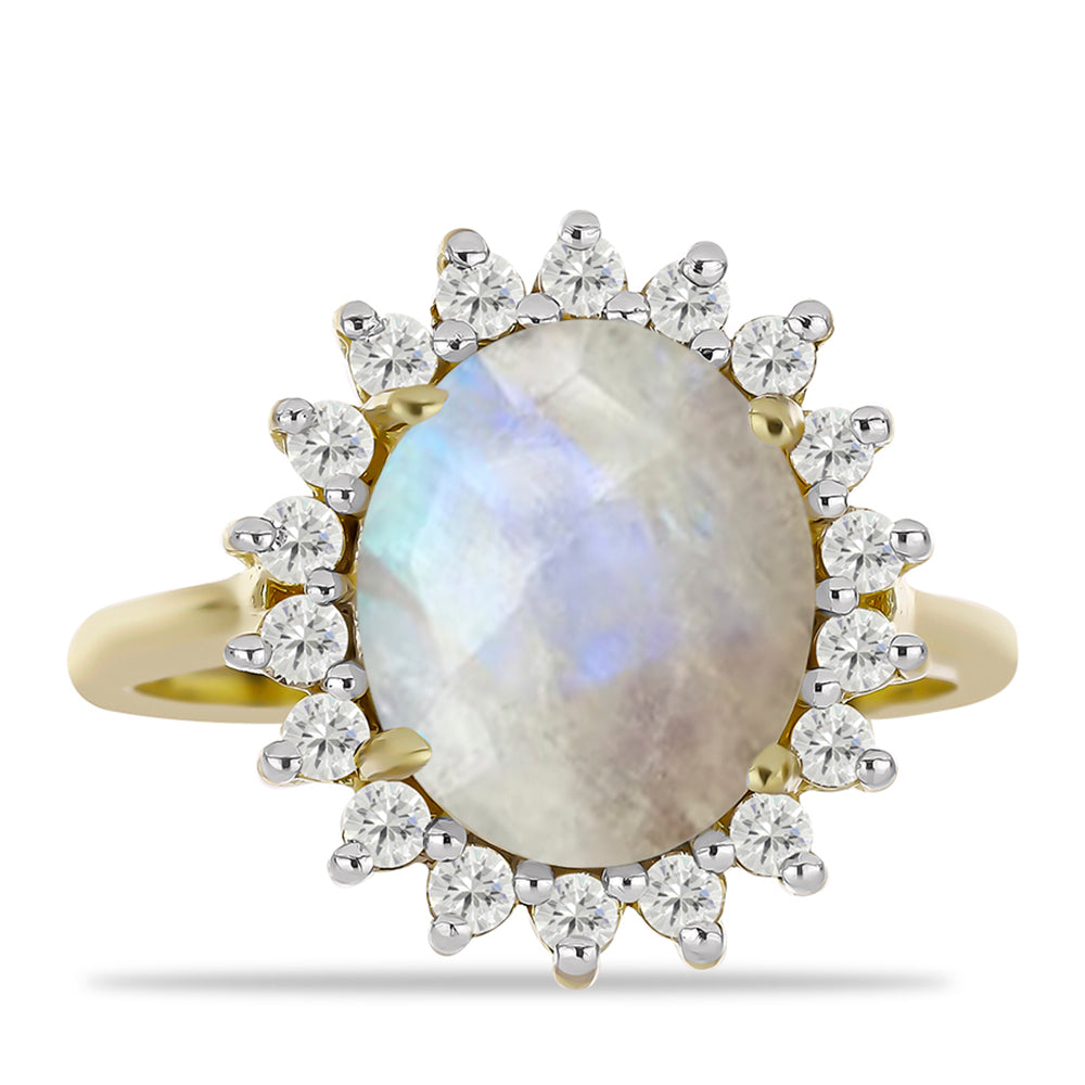 Anillo de Plata Bañada en Oro con Piedra Lunar Arco Iris y Topacio Blanco 1 