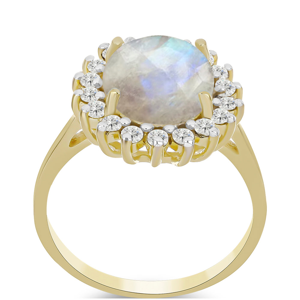 Anillo de Plata Bañada en Oro con Piedra Lunar Arco Iris y Topacio Blanco 3 