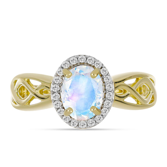 Anillo de Plata Bañada en Oro con Piedra Lunar Arco Iris y Topacio Blanco