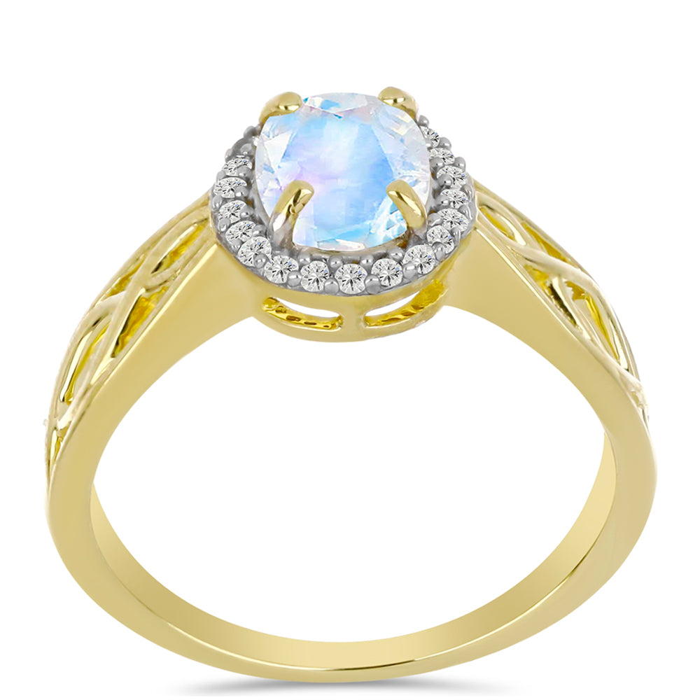 Anillo de Plata Bañada en Oro con Piedra Lunar Arco Iris y Topacio Blanco 3 