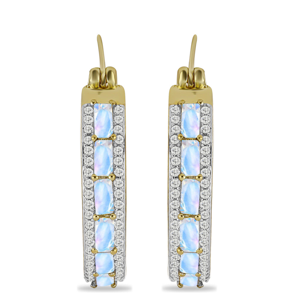 Pendientes de Plata Bañada en Oro con Piedra Lunar Arco Iris y Topacio Blanco 1 