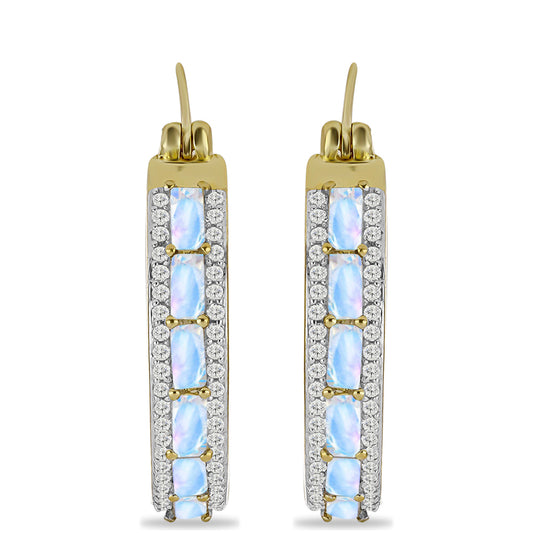 Pendientes de Plata Bañada en Oro con Piedra Lunar Arco Iris y Topacio Blanco