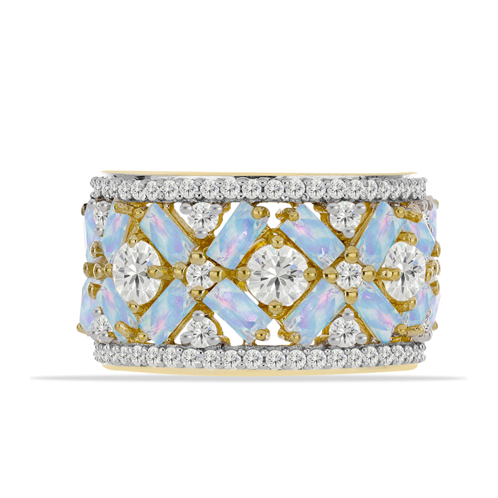 Anillo de Plata Bañada en Oro con Piedra Lunar Arco Iris y Topacio Blanco