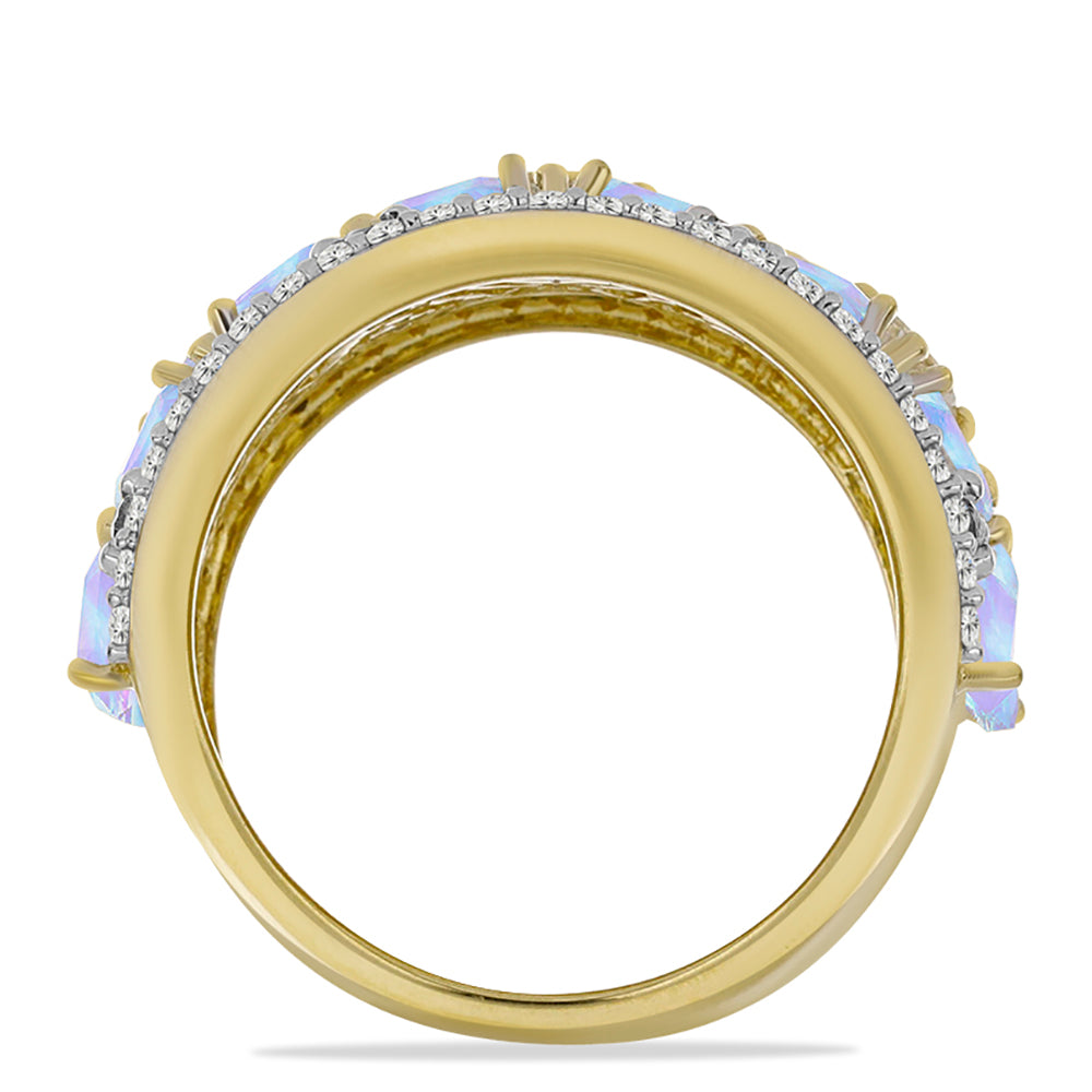 Anillo de Plata Bañada en Oro con Piedra Lunar Arco Iris y Topacio Blanco 2 