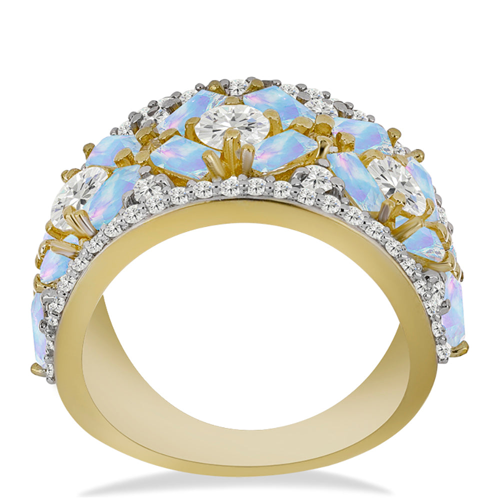 Anillo de Plata Bañada en Oro con Piedra Lunar Arco Iris y Topacio Blanco 3 