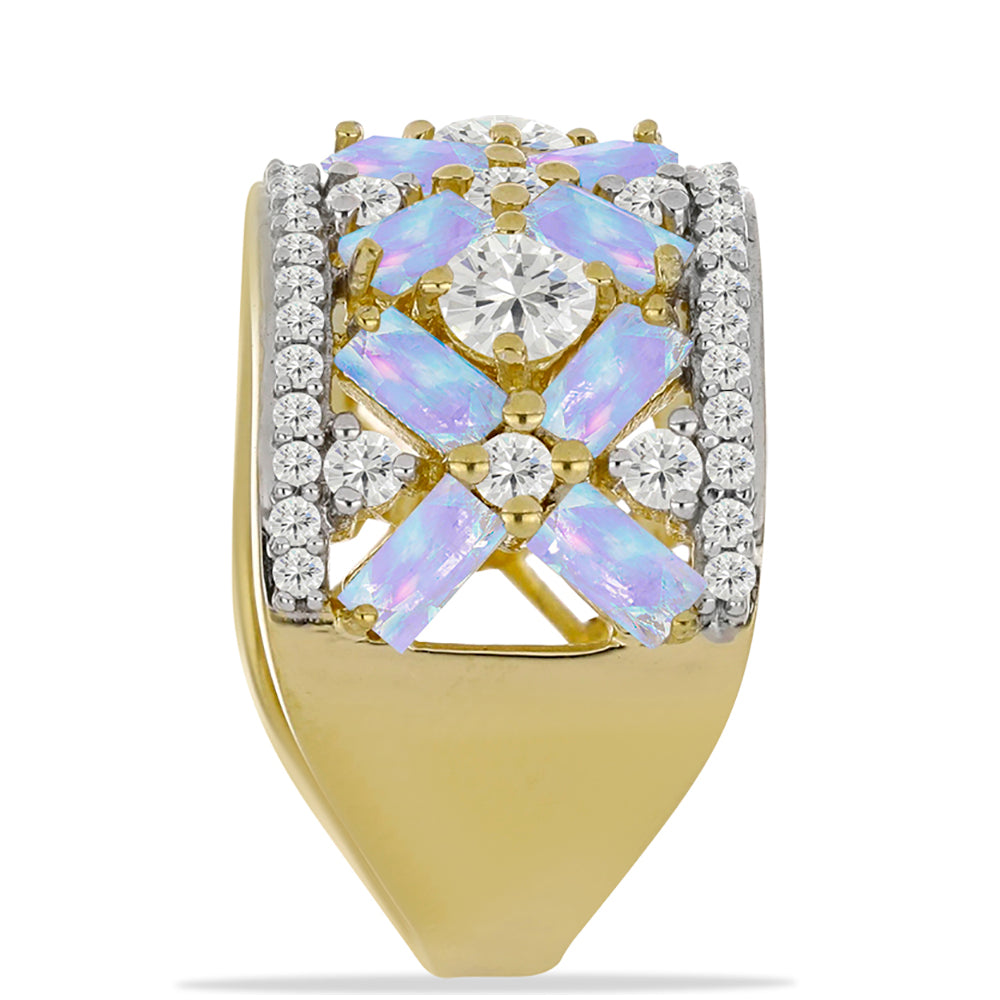 Anillo de Plata Bañada en Oro con Piedra Lunar Arco Iris y Topacio Blanco 4 