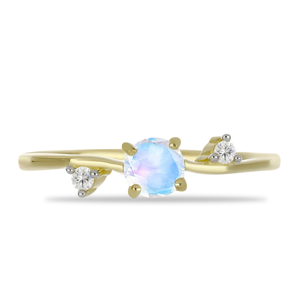Anillo de Plata Bañada en Oro con Piedra Lunar Arco Iris y Topacio Blanco 1 