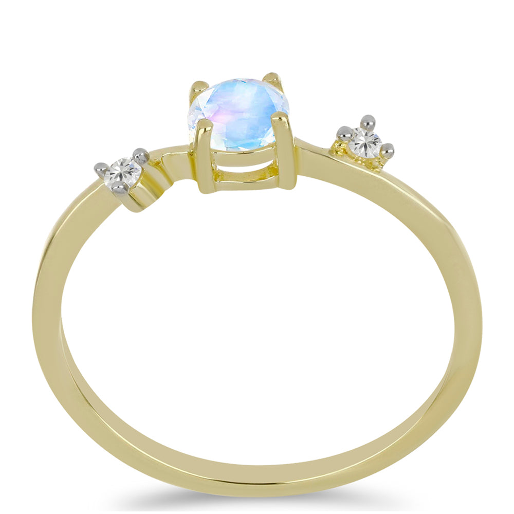 Anillo de Plata Bañada en Oro con Piedra Lunar Arco Iris y Topacio Blanco 3 