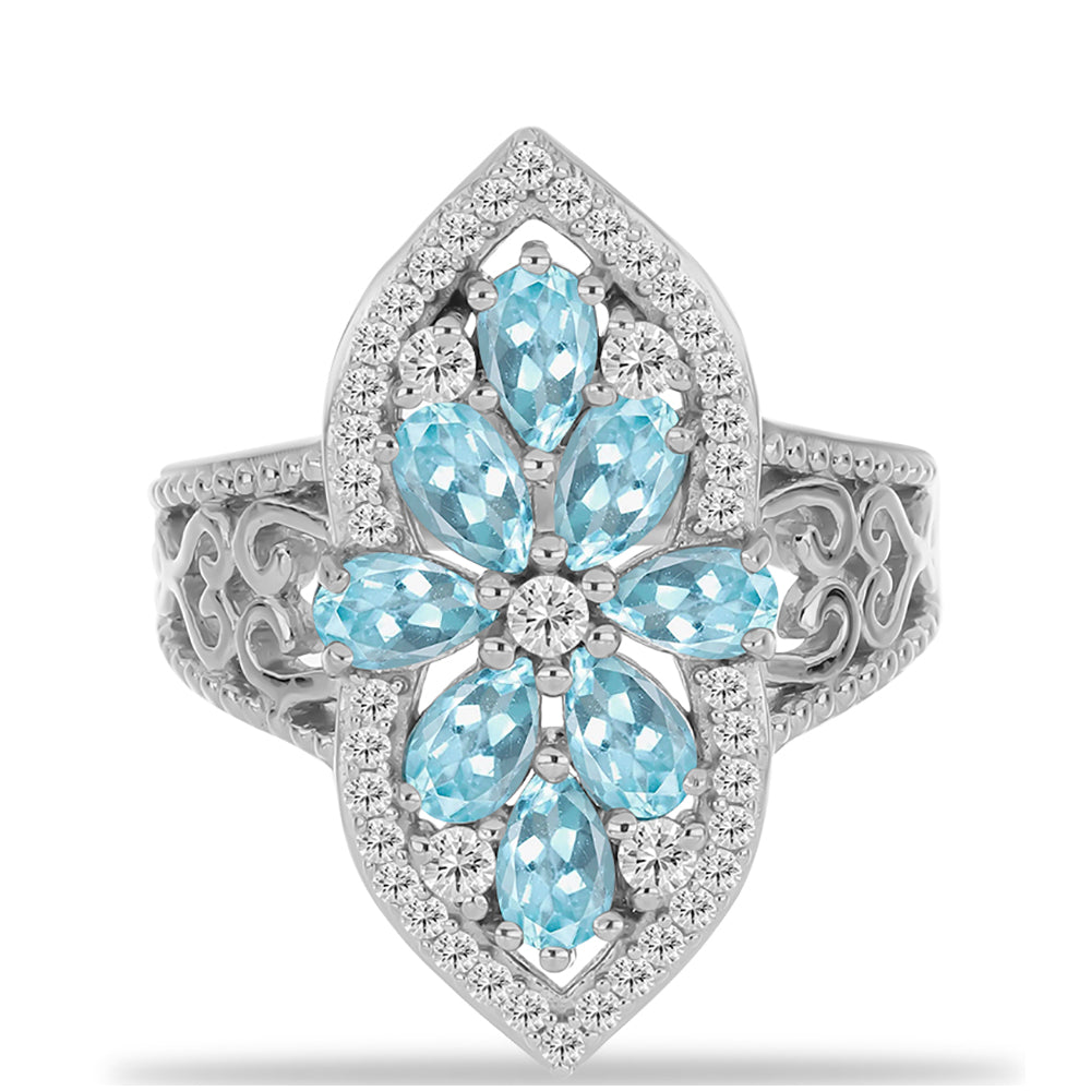 Anillo de Plata con Apatita Azul Cielo y Topacio Blanco