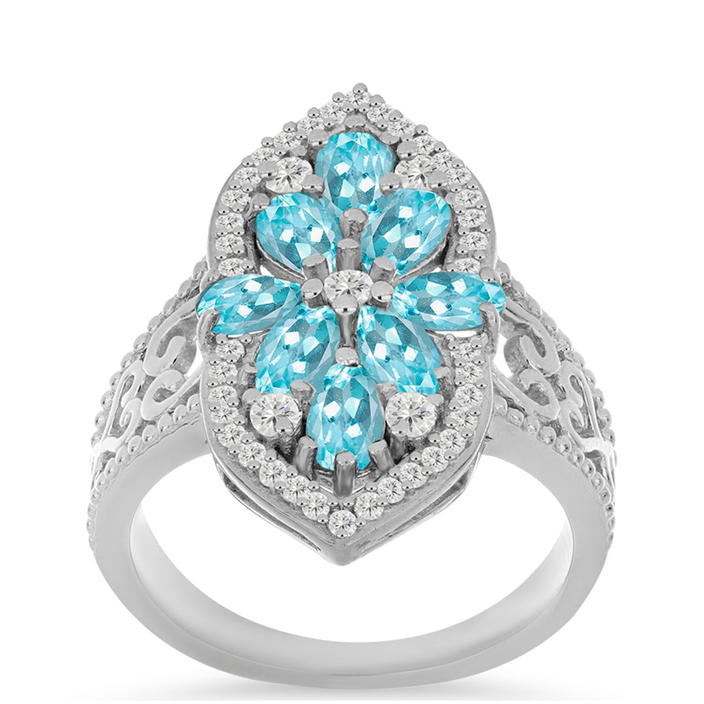 Anillo de Plata con Apatita Azul Cielo y Topacio Blanco