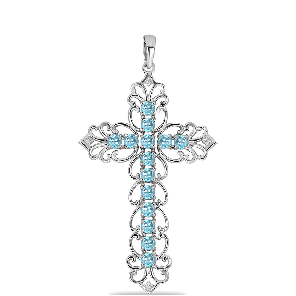 Cruz Colgante de Plata con Apatita Azul Cielo y Topacio Blanco