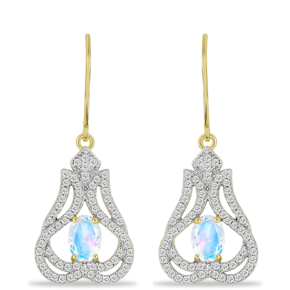 Pendientes de Plata Bañada en Oro con Piedra Lunar Arco Iris y Topacio Blanco