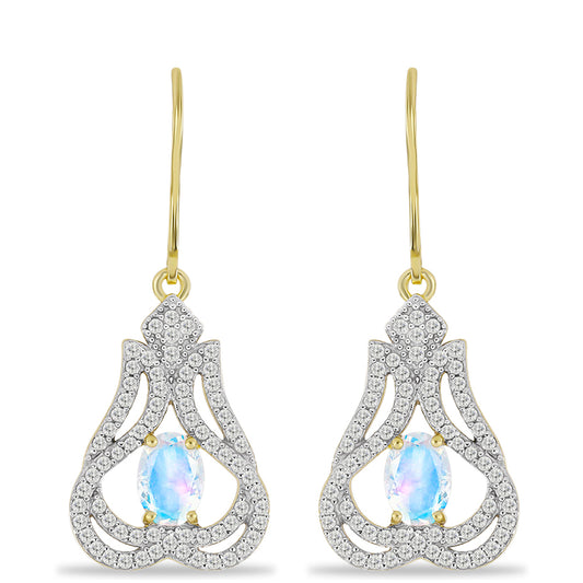 Pendientes de Plata Bañada en Oro con Piedra Lunar Arco Iris y Topacio Blanco