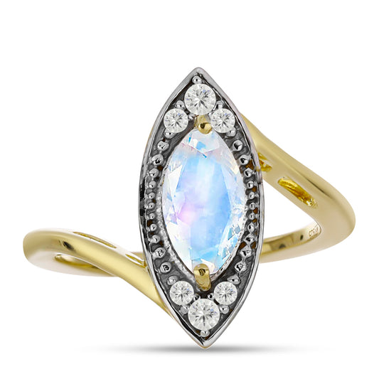 Anillo de Plata Bañada en Oro con Piedra Lunar Arco Iris y Topacio Blanco