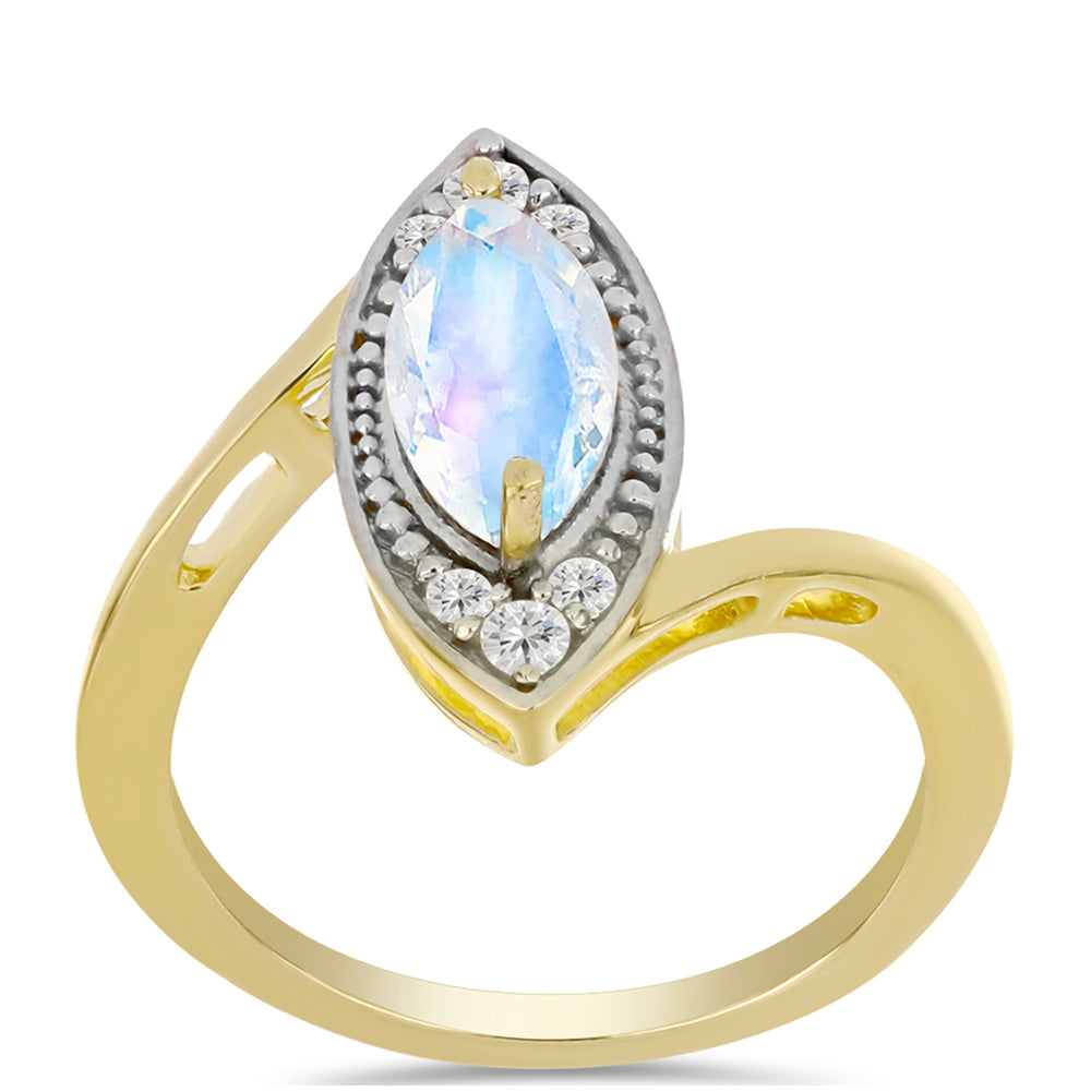 Anillo de Plata Bañada en Oro con Piedra Lunar Arco Iris y Topacio Blanco 3 
